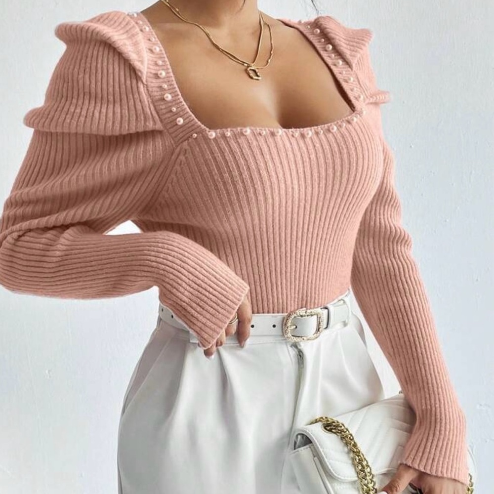 Baby Pink Puffy Shoulder Knit Top With Pearl Accents